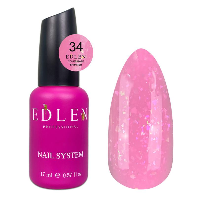 Камуфлююча база Edlen Cover Base Shimmer №34 (яскраво-рожевий з кольоровою слюдою) 17 мл