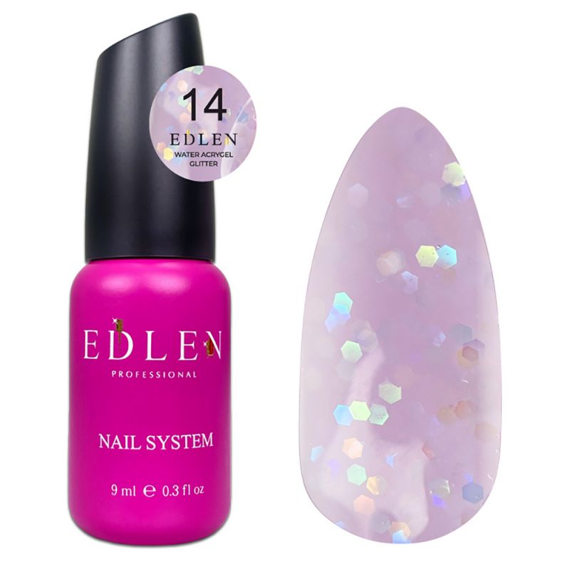 Акрил-гель для нігтів Edlen Water Acrygel Glitter №14 (світло-бузковий з глітером) 9 мл