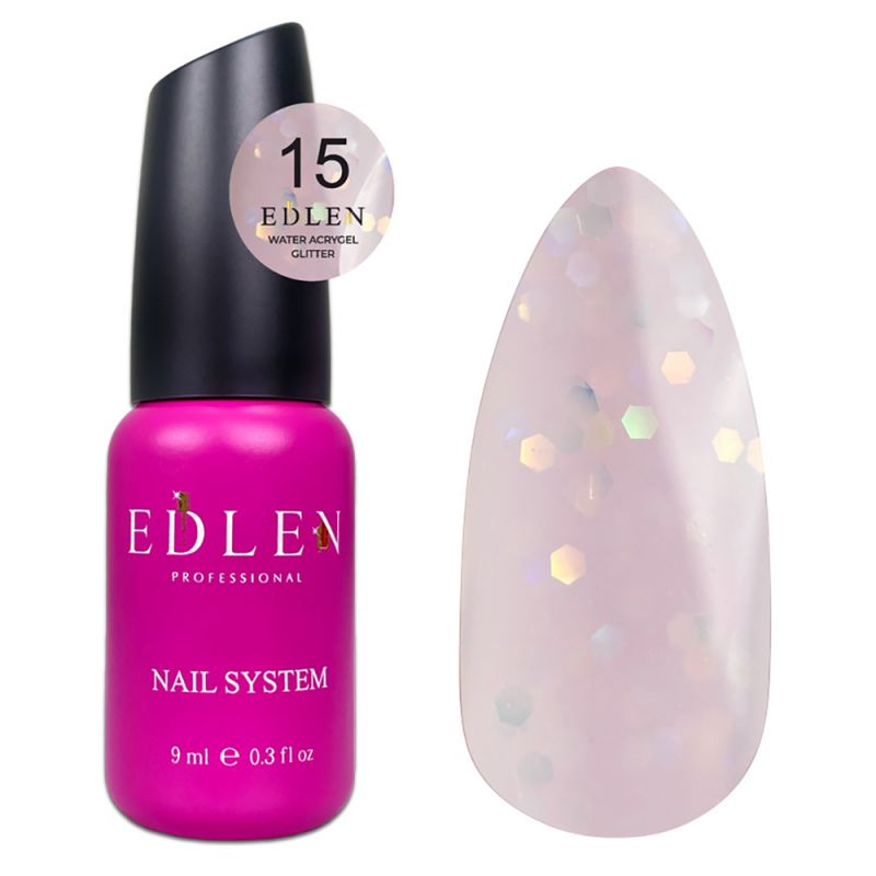 Акрил-гель для нігтів Edlen Water Acrygel Glitter №15 (ніжно-рожевий з глітером) 9 мл