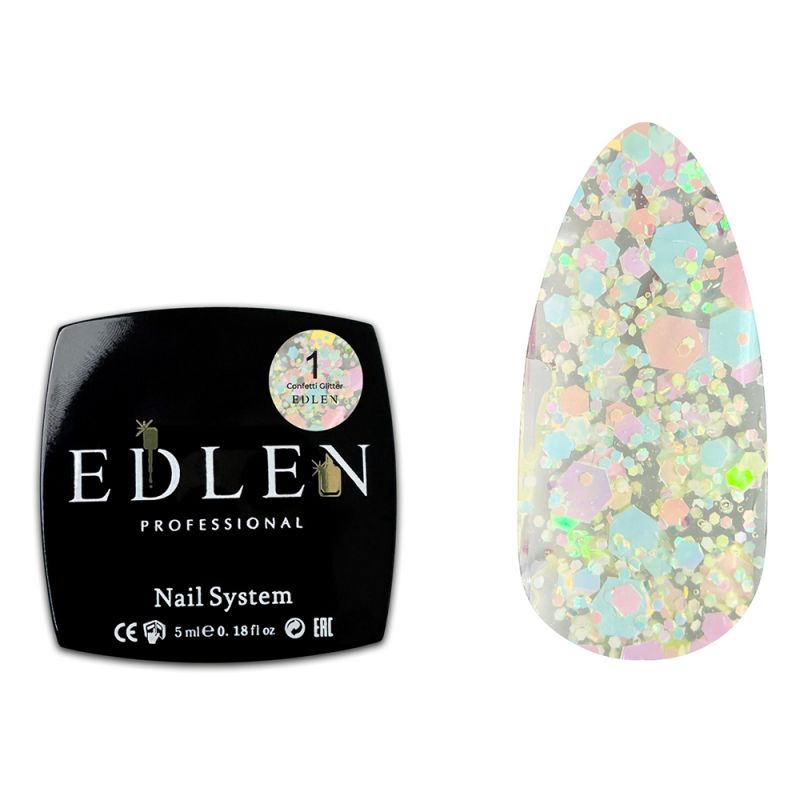 Гель-лак Edlen Confetti Glitter №01 (прозрачный с разноцветным глиттером) 5 мл