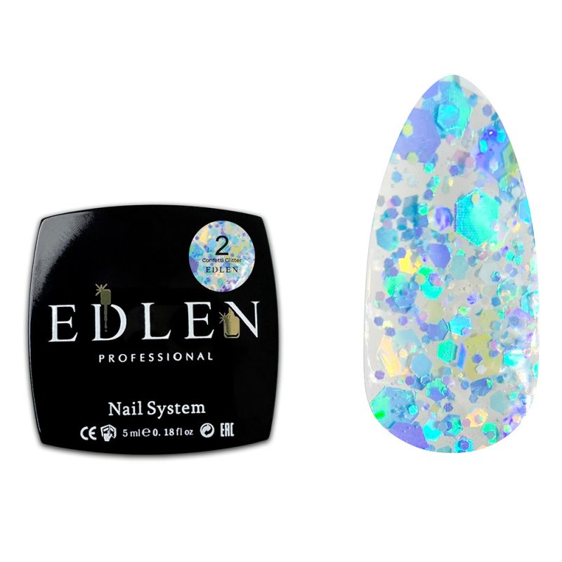 Гель-лак Edlen Confetti Glitter №02 (прозрачный с голубым глиттером) 5 мл