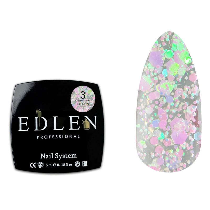 Гель-лак Edlen Confetti Glitter №03 (прозрачный с переливающимся глиттером) 5 мл