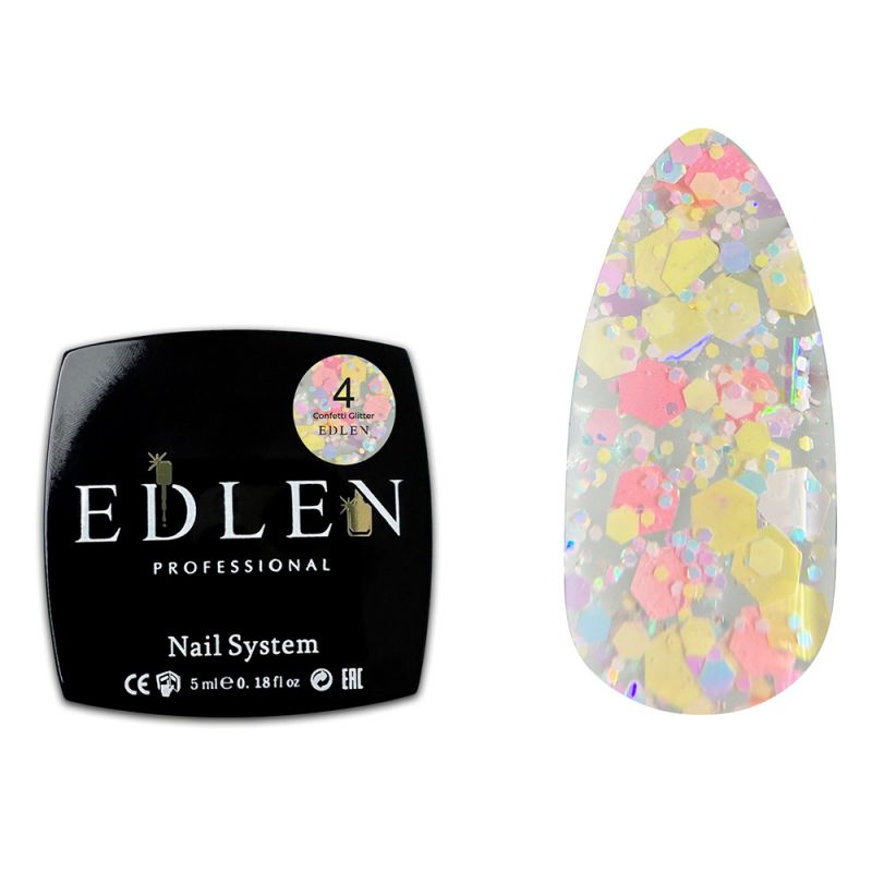 Гель-лак Edlen Confetti Glitter №04 (прозрачный с желто-розовым глиттером) 5 мл