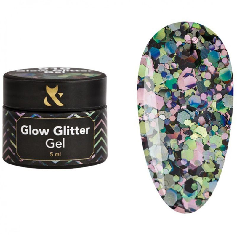 Гель-лак F.O.X Glow Glitter Gel №010 (з зеленими та рожевими блискітками) 5 мл