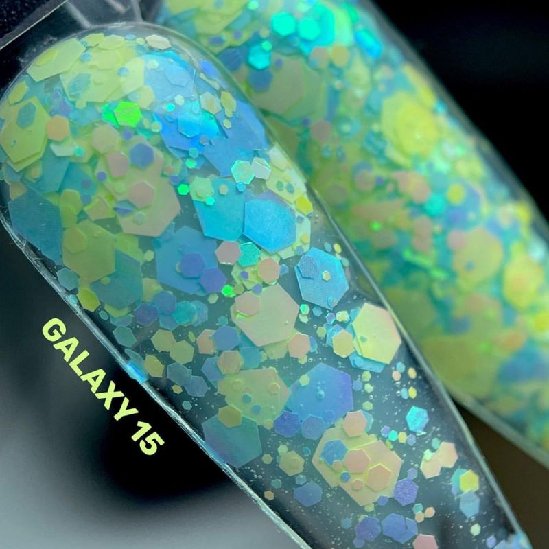 Гель-гліттер Saga Galaxy Glitter №15 (прозорий із жовто-блакитними частинками) 8 мл