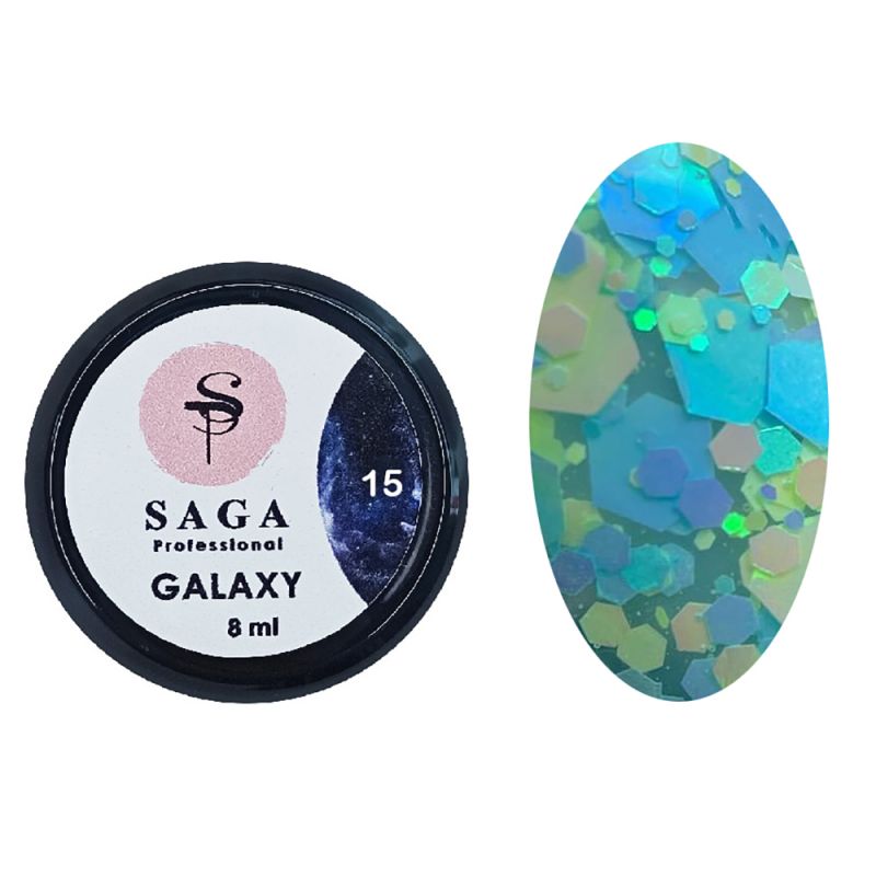 Гель-гліттер Saga Galaxy Glitter №15 (прозорий із жовто-блакитними частинками) 8 мл