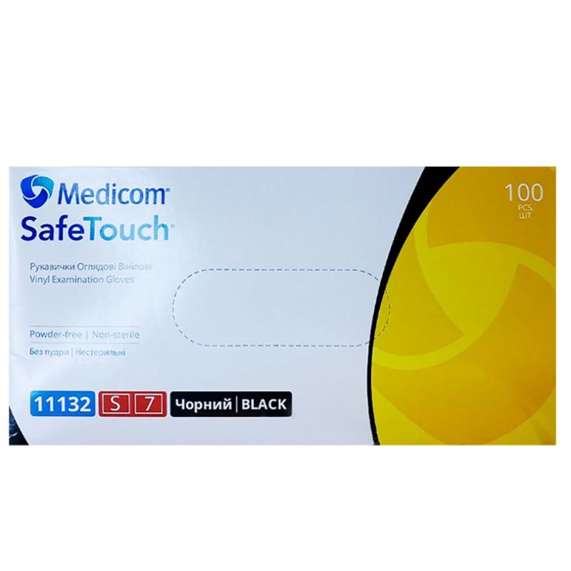 Рукавички вінілові без пудри Medicom SafeTouch Black S (чорні) 100 штук