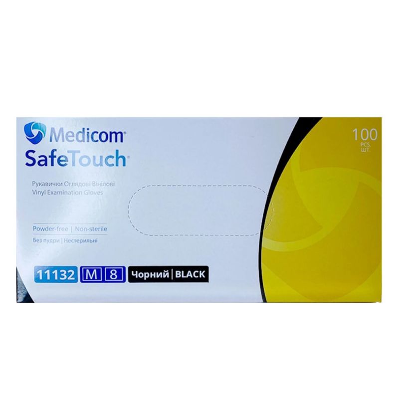 Перчатки виниловые без пудры Medicom SafeTouch Black M (черные) 100 штук