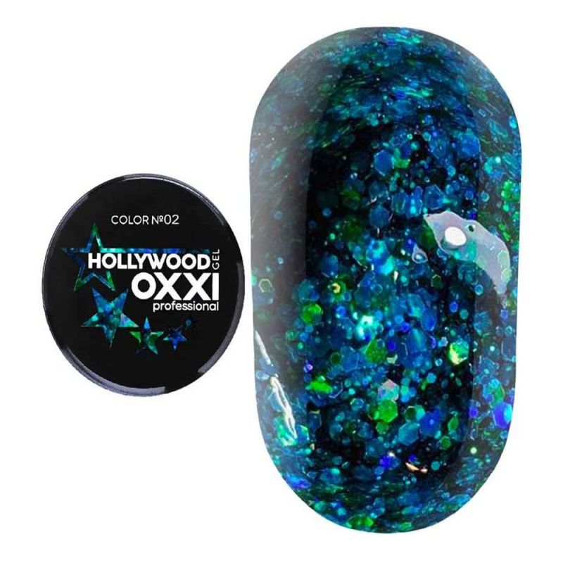 Глиттерный гель Oxxi Hollywood №02 (темно-голубой с бирюзовыми голографическими блестками) 5 г