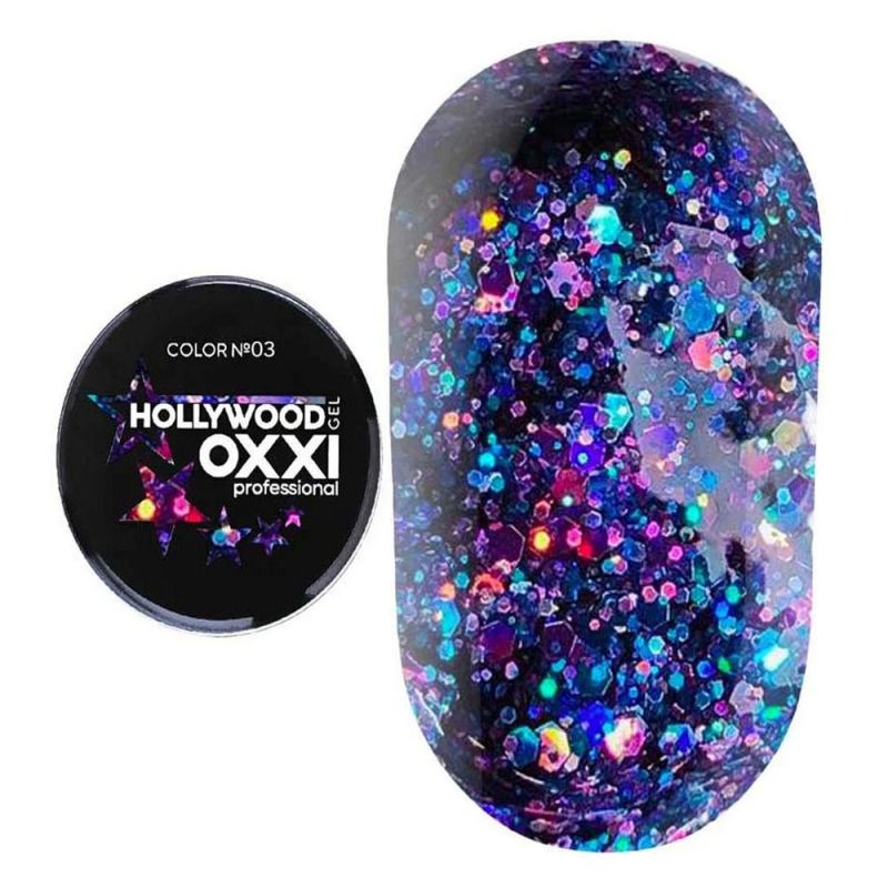Глиттерный гель Oxxi Hollywood №03 (фиолетово-голубой с голографическими блестками) 5 г