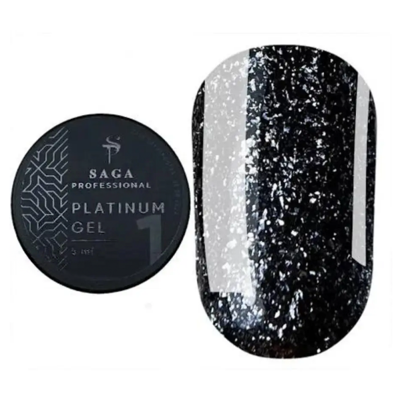 Гель-краска для дизайна Saga Platinum Paint Gel №01 (черный с блестками) 5 мл