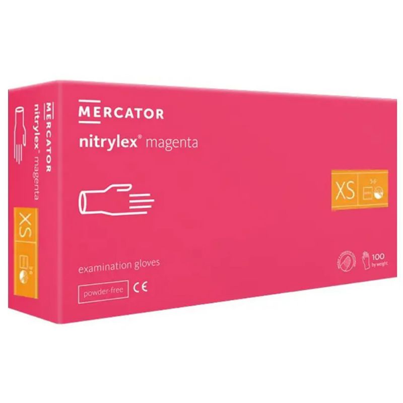 Перчатки нитриловые без пудры Mercator Medical Nitrylex Magenta XS 100 штук